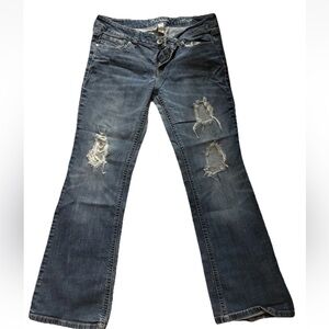 refuge Women's Distressed Dark Blue Flare Jeans